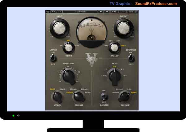 TV graphic showing Waves V-Comp Compressor based on the sound of the Vintage 2254 Hardware Compressor